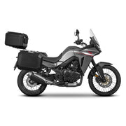 SHAD aluminum top case & panniers - side view - motorcycle luggage set on Honda Transalp 750.