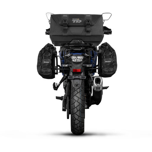 SHAD TR40 - TR50 Soft adventure luggage set mounted on Suzuki VStrom 800 DE - Rear View.